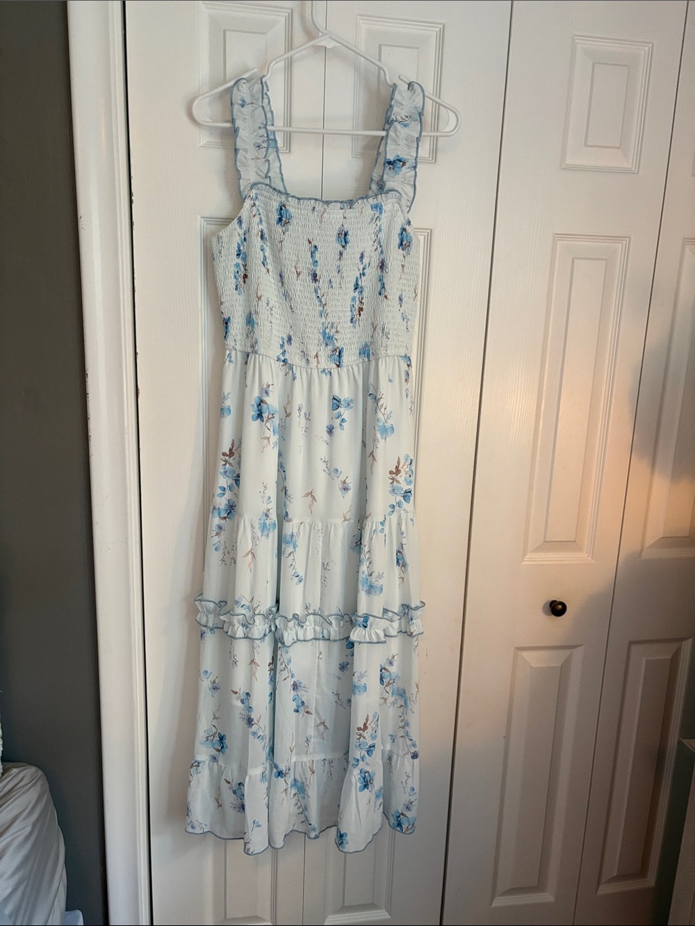Smocked Floral Midi Dress in Light Blue and White